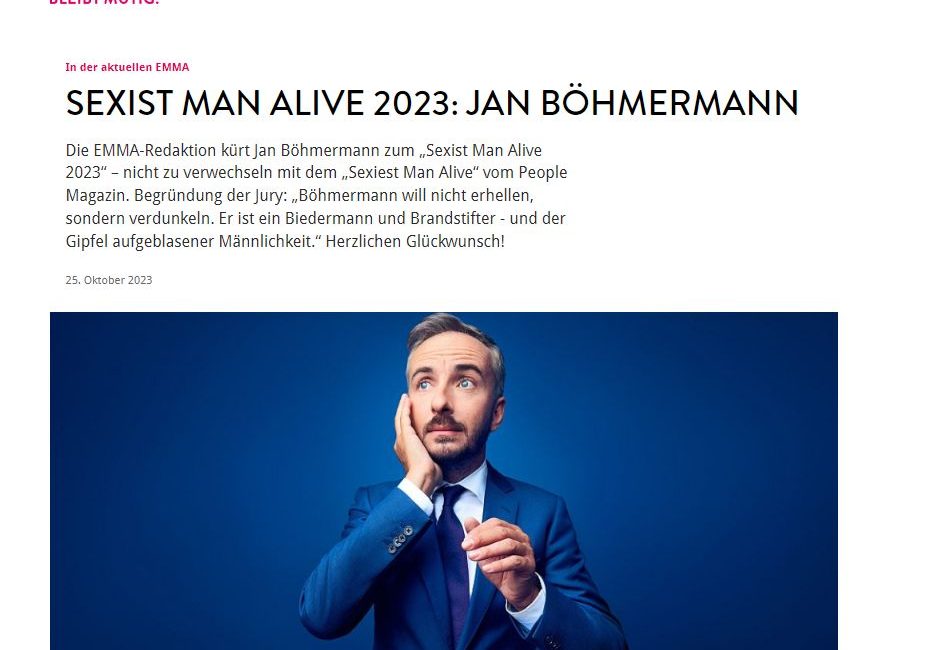 Alice Schwarzers “Emma” über ZDF Clown Jan Böhmermann – “Herzloses Ars….loch”…