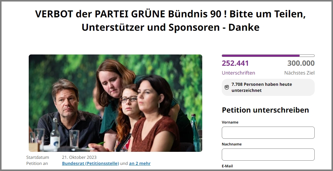 Initiative für ein Parteiverbot der “Die Grünen” jetzt schon knapp 260.000 Unterschriften…