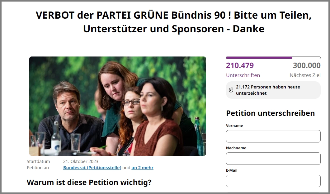 Und täglich werden es mehr … Initiative Parteiverbot für “Die Grünen” jetzt schon 210.000 Unterschriften…