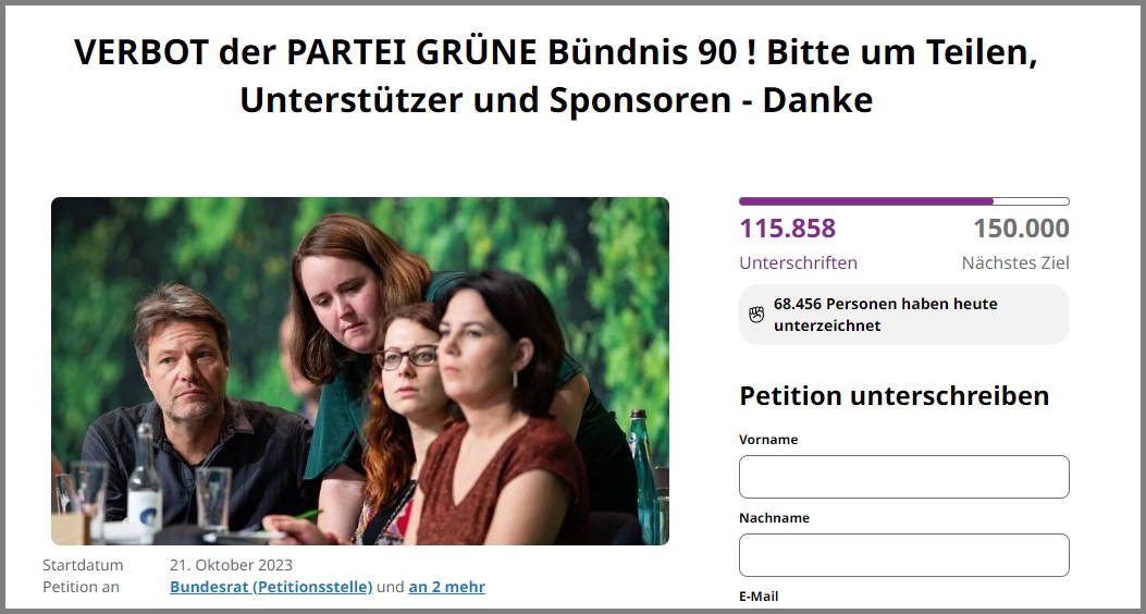 Initiative Parteiverbot für “Der Grünen” jetzt schon knapp 120.000 Unterschriften…