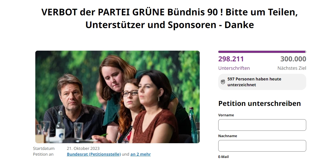 Initiative für ein Parteiverbot der “Die Grünen” jetzt schon knapp 300.000 Unterschriften…